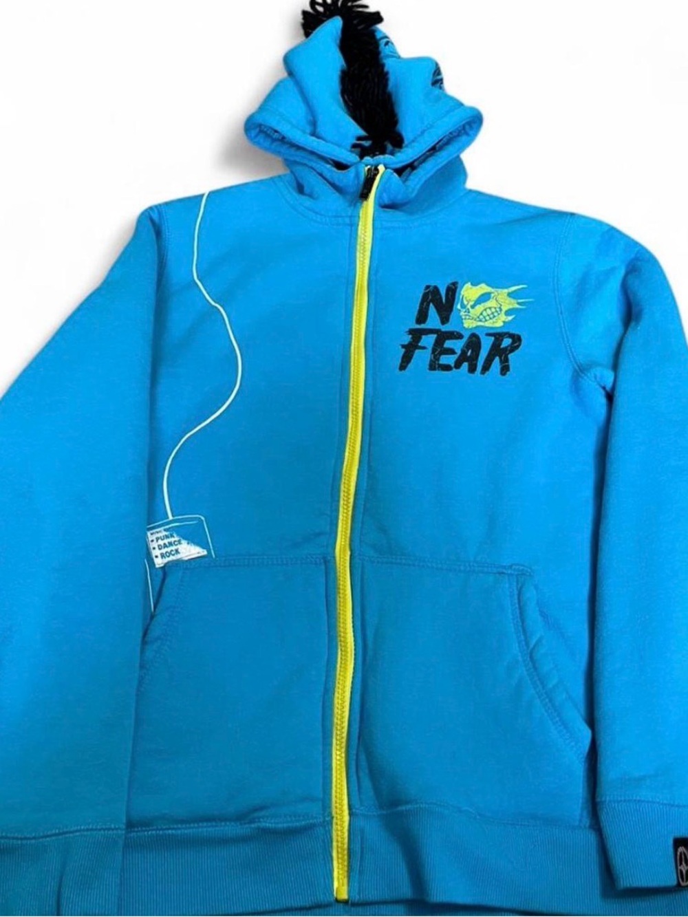 Men’s Y2K No Fear Skull Zip-Up Hoodie Blue Black Mohawk Hood Size XL